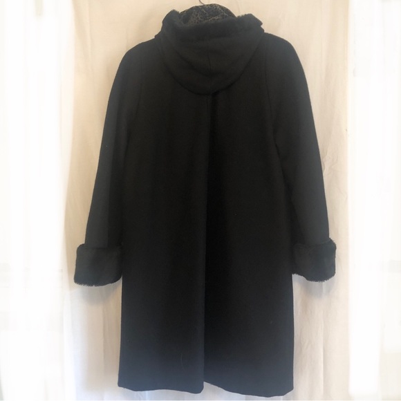 Black Wool Coat, Faux Fur & Leopard-Lined Hood, Size 12P - Picture 3 of 10